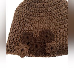 NWT Angela’s Designs brown with flower accents hand crocheted one of a kind hat